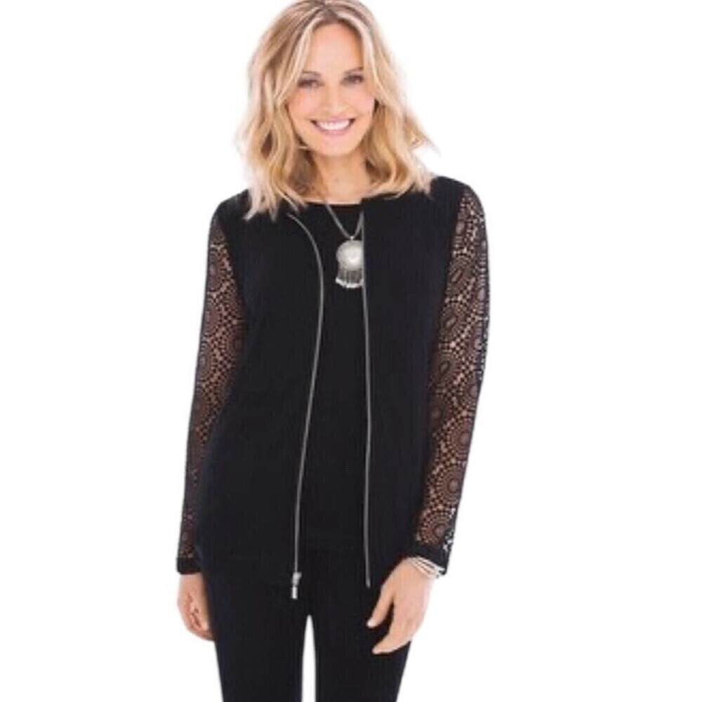 Chicos Jacket Womens 2/12 Large Black Travelers Lace Travel Knit Full Zip Bomber